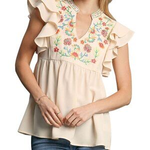Beige Floral Blouse Ruffled Sleeve Office Wear Top